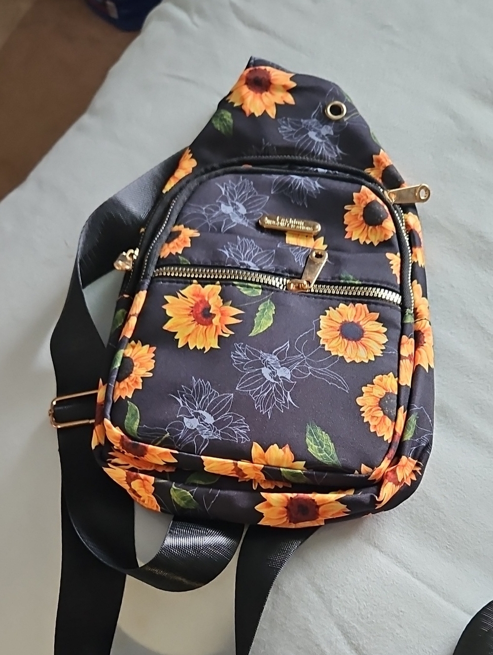 Sunflower Print Crossbody Backpack - Black & Yellow
